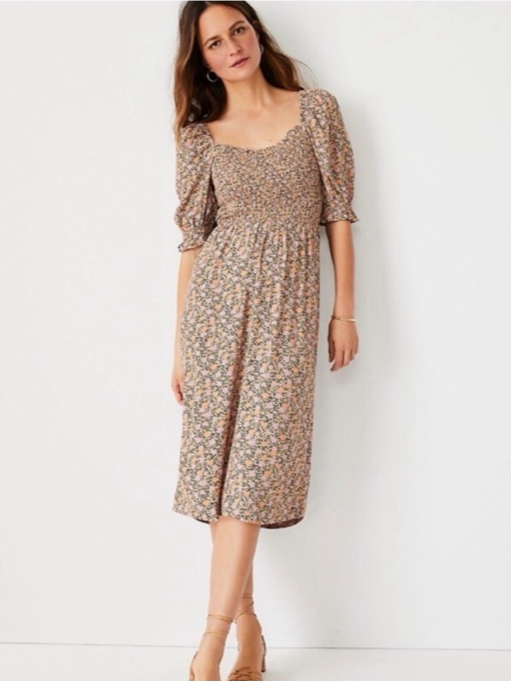 Ann Taylor Floral Smocked Bodice Midi Dress